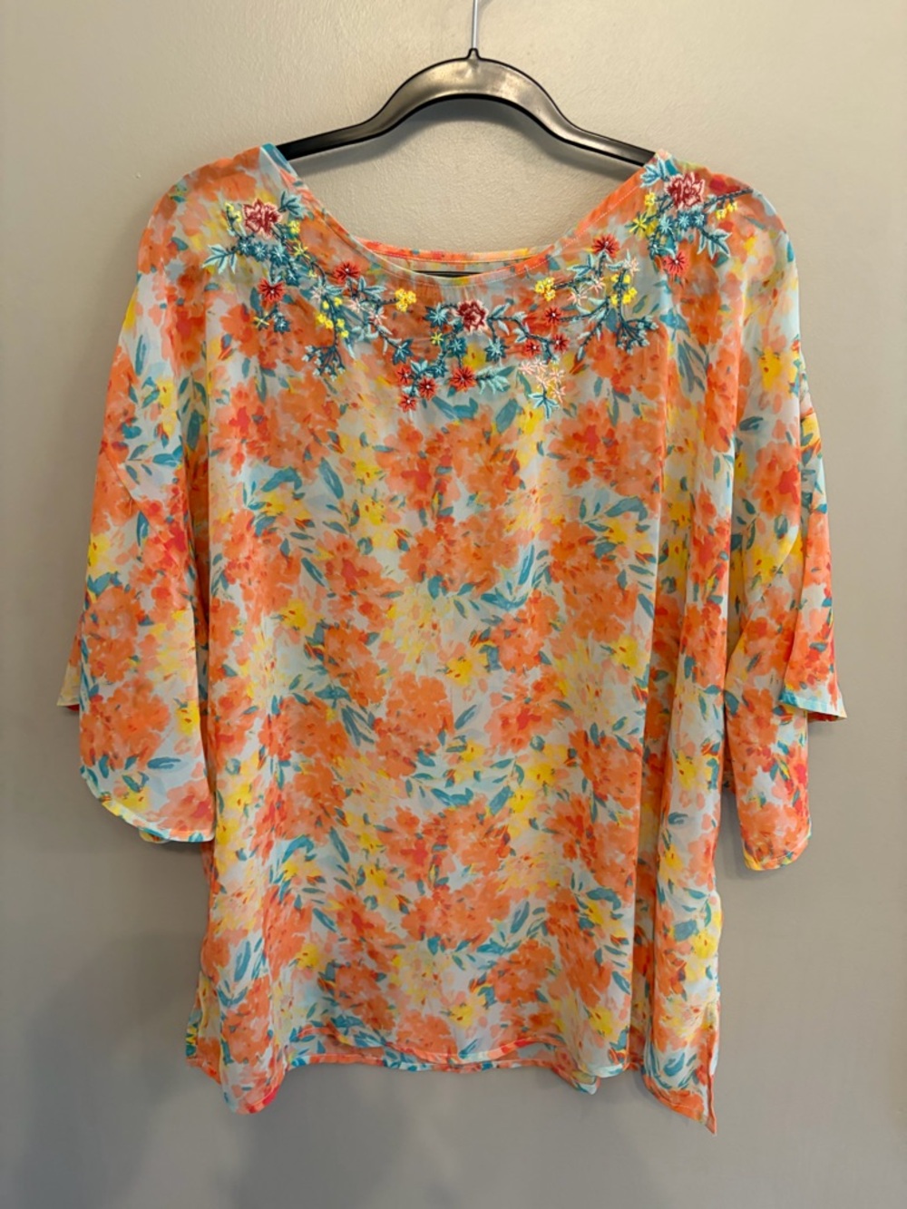 Jason Wu floral chiffon beaded embroidered caftan floral pattern blouse size L